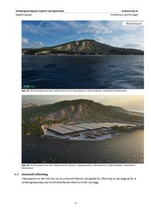 3D-visualisering (rendering) av et planlagt bygg langs kysten sett fra vest og nordvest.