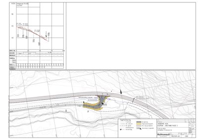 Situasjonsplan som viser terrengform, eksisterende og planlagt vei (rød linje), samt arealer for ny beplantning (gult) og demping (grått).