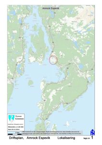 Kart over Tysvær kommune med lokaliseringsmarkering (rød sirkel) for Amrock Espevik.