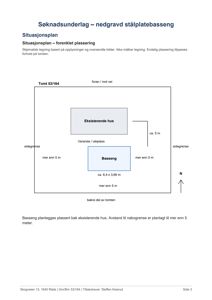 Situasjonsplan som viser plassering av et basseng i forhold til eksisterende hus og tomtegrenser.