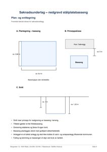 En teknisk tegning som viser plan- og snitttegninger for et nedgravd stålplatebasseng, inkludert dimensjoner og prinsippskisse.