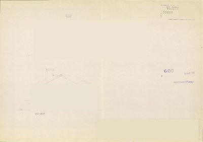 Fasadetegning som viser bygningens utseende fra syd-vest og syd-øst, med tegningsinformasjon i bunnen.