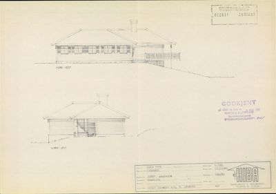 Fasadetegning med oppriss av bygning sett fra nord-vest og nord-øst