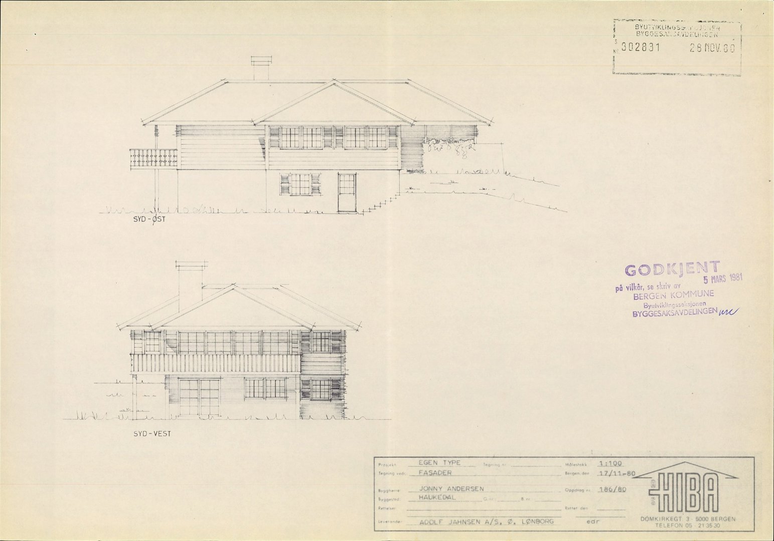 Fasadetegning som viser bygningens utseende fra syd-vest og syd-øst, med tegningsinformasjon i bunnen.