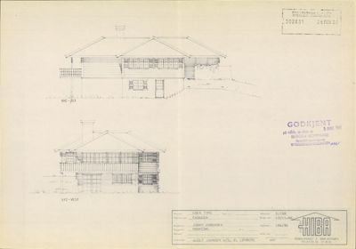 Fasadetegning som viser bygningens utseende fra syd-vest og syd-øst, med tegningsinformasjon i bunnen.