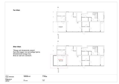 Etasjeplan som viser romfordeling før og etter tiltak (tilbygg), med angivelse av snittlinje A-A.
