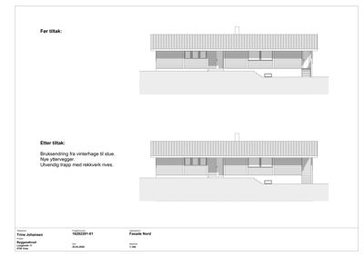 Tegning som viser fasaden på en bygning før og etter tiltak. Det er også en beskrivelse av endringene, som bruksendring og nye yttervegger.
