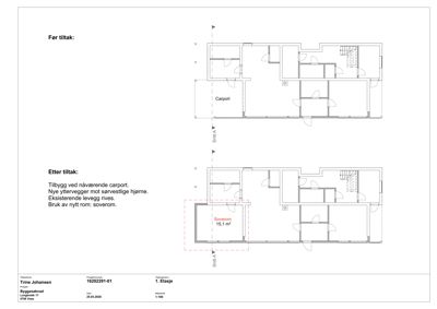 Etasjeplan som viser romfordeling før og etter tiltak (tilbygg), med angivelse av snittlinje A-A.
