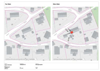Situasjonsplan som viser tomtens grenser, nabolag og bygninger før og etter et tiltak.