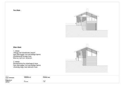 Fasadetegning som viser bygningens utseende før og etter tiltak, inkludert tekstbeskrivelse av endringer.