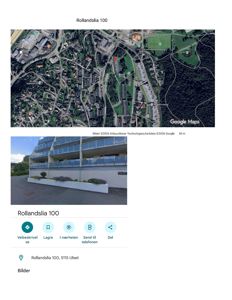 Bildet viser en Google Maps-søkeside for adressen Rollandslia 100. Det inneholder en satellittkartvisning, et bilde av bygningen og adressen.