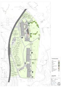 Situasjonsplan som viser tomtens form, terrengforhold (konturlinjer), plassering av bygninger (Rigg A, B, C, D), vegnett, vegetasjon og infrastruktur.