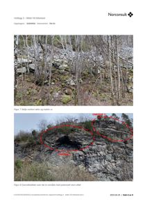 Fotografier av et steinbrudd eller ur med markerte områder for utfall.