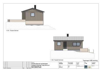 Fasadetegning som viser bygningens utseende fra to vinkler (Sør/Vest og Nord/Vest) med skråning.