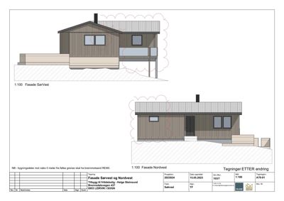 Fasadetegning som viser oppriss av bygningen sett fra sørvest og nordvest, inkludert detaljer om fasadematerialer, vinduer, dører og terrasser.