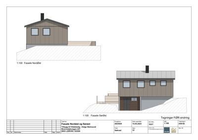 Fasadetegning som viser bygningens utseende fra Nordøst og Sørøst.
