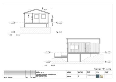Tegningen viser to snittegninger (Snitt A og Snitt B) av en bygning. Den øverste tegningen viser et snitt gjennom taket og første etasje, mens den nederste viser et snitt gjennom første etasje og grunnen. Tegningen inkluderer høydemål, takhelling og grunnplan.