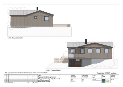 Fasadetegning som viser oppriss av bygningens nordøst- og sørøstside med detaljer om tak, vinduer og fasadematerialer.