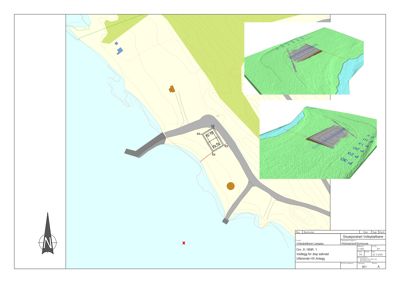 Situasjonsplan som viser bygningens plassering i forhold til kystlinjen, vei og terrengformet. Inneholder også 3D-visualiseringer av bygningen i landskapet.