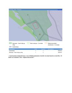 Et kart fra et kommunalt kartportal som viser naturtyper (kystlandskap, marint naturtype) og et areal (rosa rektangel) som er analysert for stormflo.