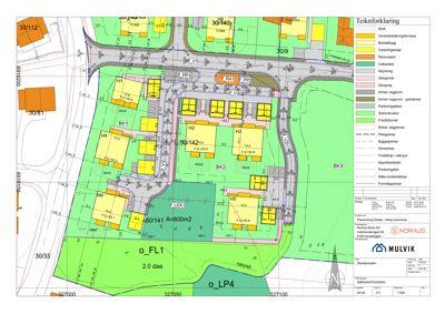 Situasjonsplan som viser tomtens grenser, plassering av bygninger, veier, parkeringsplasser og arealbruk.