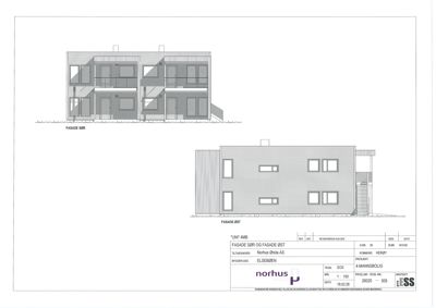 Tegning som viser fasadeopprikk for bygningen sett fra sør og øst.