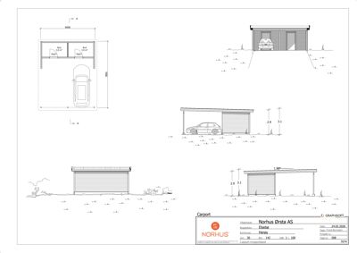 Fasadetegning som viser bygningens utseende fra ulike vinkler (for, side og bak) med angitte mål.