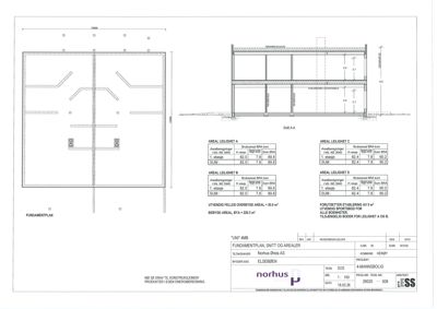 Fundamentplan med romfordeling og arealoppsett for leilighetene i et 4-mannsboligprosjekt.