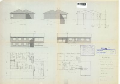Bildet viser en arkitektonisk tegningssamling som inkluderer fasadeoppsett (fornedre og bakre) og to etasjeplaner (plan underjord og plan over jord).