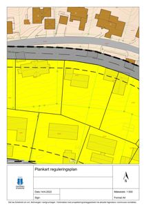 Plankart reguleringsplan som viser tomtegrenser, bygninger og infrastruktur sett fra oven.