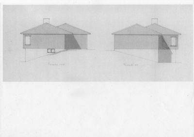 Tegning som viser fasadeutsnitt av en bygning sett fra to ulike vinkler (vest og øst).