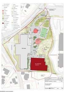 Situasjonsplan som viser tomtens grenser, eksisterende og planlagt bebyggelse (Rå skole, Ny idrettshall), vegetasjon, veier og infrastruktur.