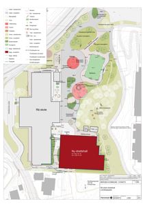 Landskapsplan som viser plassering av nye og eksisterende bygninger (skole, idrettshall), samt detaljer om terreng, vegetasjon, stier og anlegg.
