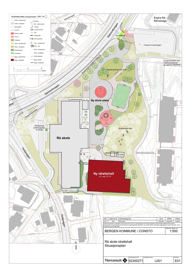 Situasjonsplan som viser plassering av nye skole- og idrettsanlegg i forhold til eksisterende infrastruktur og natur.