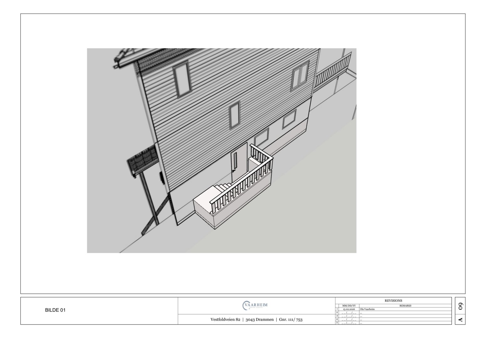 3D-visualisering av en bygning sett fra en vinkel som viser fasade og trapp.