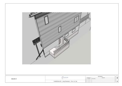 3D-visualisering av en bygning sett fra en vinkel som viser fasade og trapp.