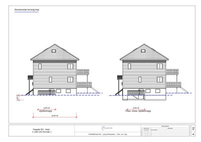 Fasadetegning av en bolig sett fra vest, med mål og notasjoner om trapper og terreng.