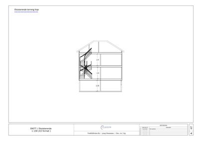 Snittegning av en eksisterende bygning som viser høyder og innvendig oppbygging.
