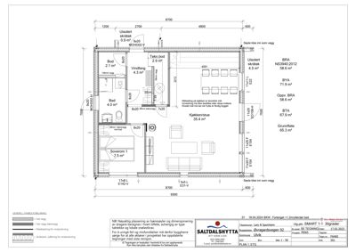 Etasjeplan (PLAN 1. ETG) som viser romfordeling, mål og veggtykkelser for en bolig.