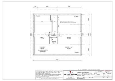 Plantegning av krypplott og etasjer (Hems 1-4, Hemstøft) med romareal og dimensjoner.
