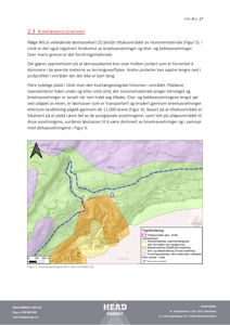 Kart over et kvartærgeologisk område med fargekodet lag for ulike geologiske enheter (morene, elveavsetninger, bekkeavsetninger) og en blå streket linje som markerer marin grense.