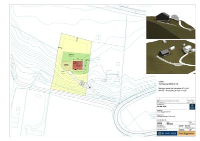Situasjonsplan som viser tomtens form, bebyggelse, veier og terrengforhold.
