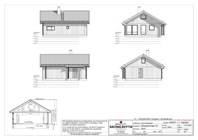 Fasadetegning med oppriss av bygning sett fra fire ulike vinkler, samt en snittegning (Mål på topp av) som viser tverrsnittet av huset.