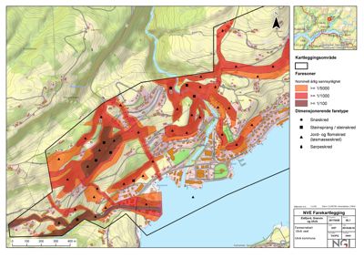 Kart over et kartleggingsområde som viser fareområder for steinsprang, jordsprang og skred, samt topografi og bebyggelse.