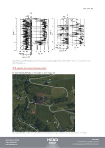 Flyfoto av et område med en markert tomt (lilla rektangel) og en markert grense (blå linje).