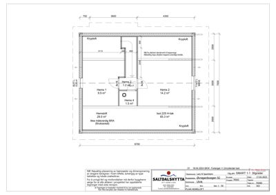Plantegning av krypplott og etasjer (Hems 1-4, Hemstøft) med romareal og dimensjoner.