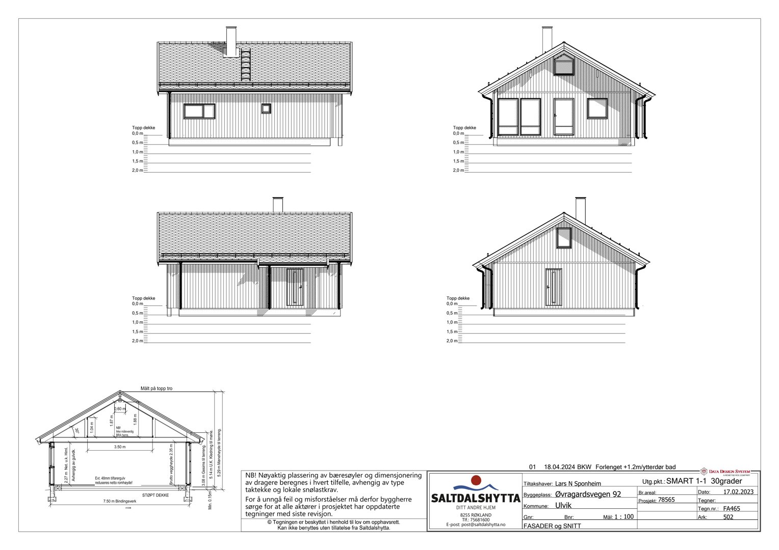 Fasadetegning med oppriss av bygning sett fra fire ulike vinkler, samt en snittegning (Mål på topp av) som viser tverrsnittet av huset.
