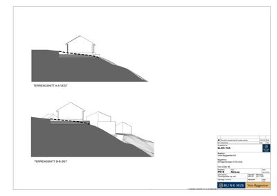Terrensnitt A-A Vest og B-B Øst som viser bygningens plassering i forhold til terrenget.