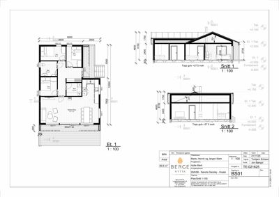 Snittegning (Snitt 1 og Snitt 2) som viser bygningens tverrsnitt, høyder og konstruksjon.