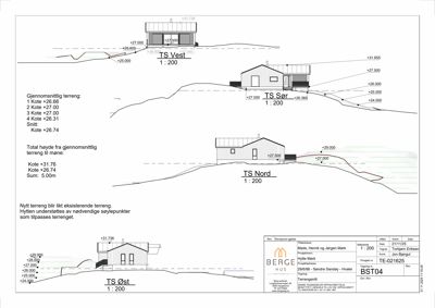 Snittegning som viser bygningens høyde i forhold til terrenget på tre ulike sider (Vest, Sør, Øst).